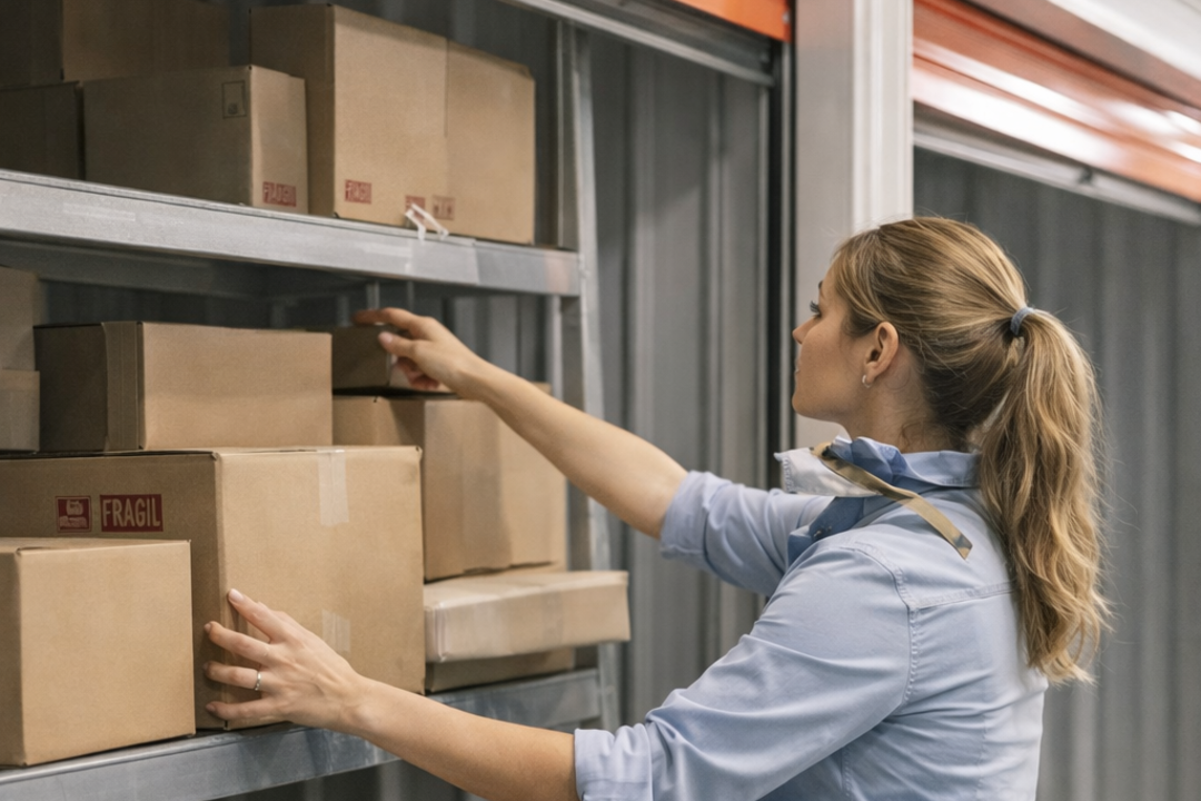 Pessoa organizando caixas em estante de armazenamento, representando o uso de guarda-móveis para reforma para proteger móveis e liberar espaço durante obras.
